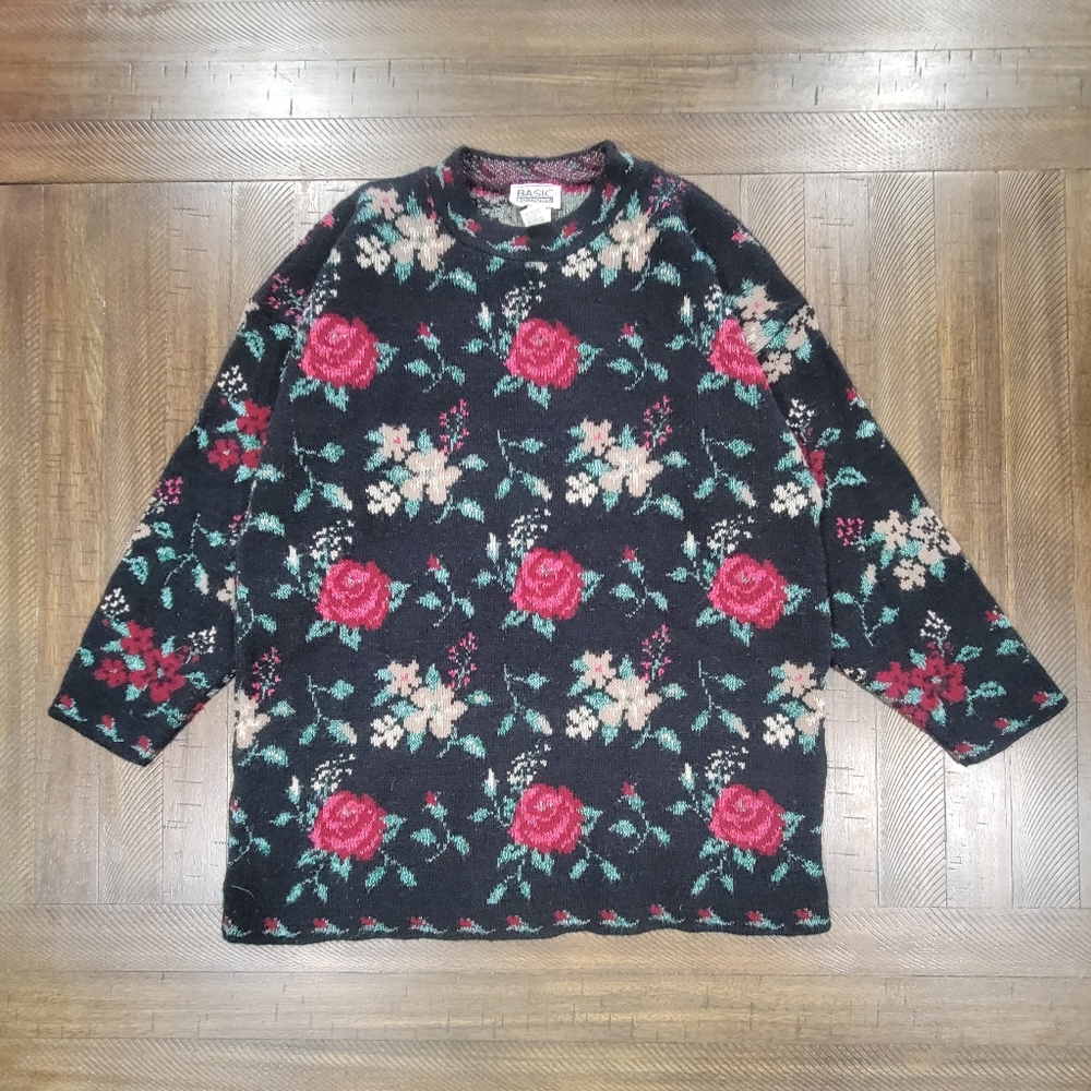 Vintage Basic Edition Floral Knitted 90s Knitted Crewneck Womens Medium Sweater